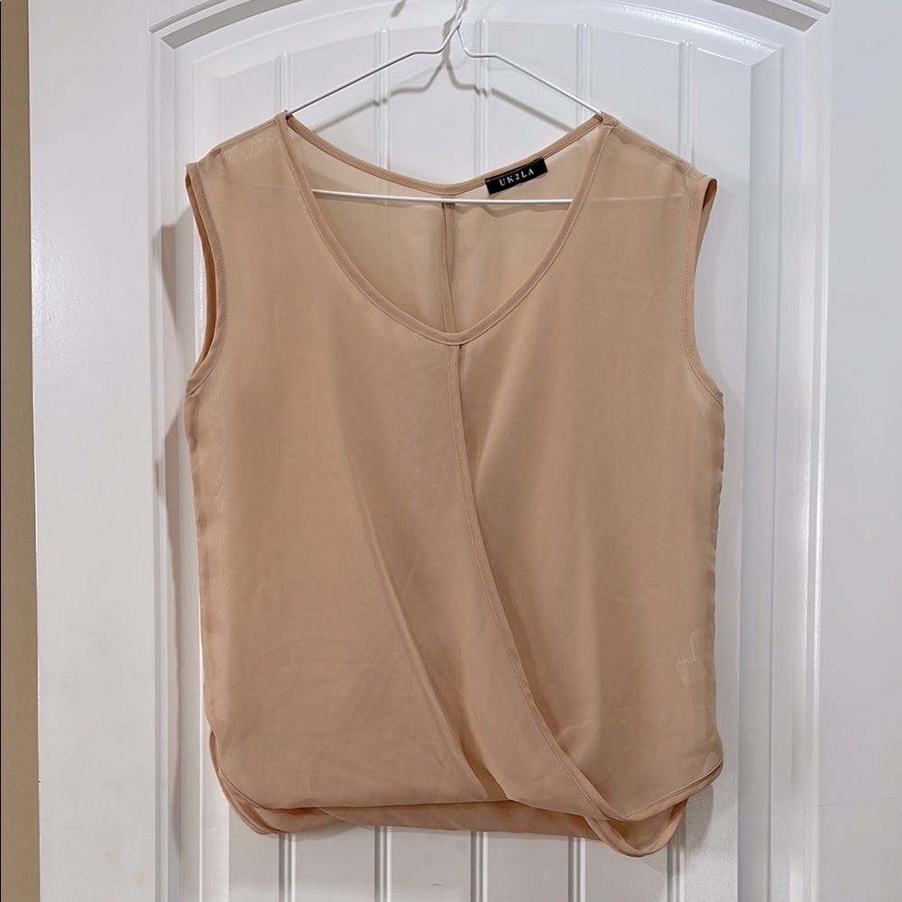 Women's Tan Sheer Wrap Sleeveless Top